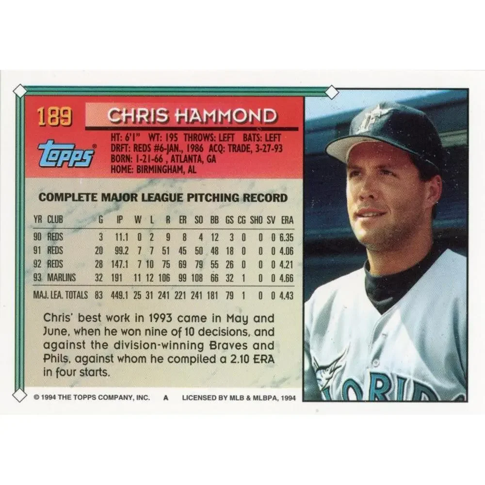 1994 Topps Chris Hammond # 189 Florida Marlins